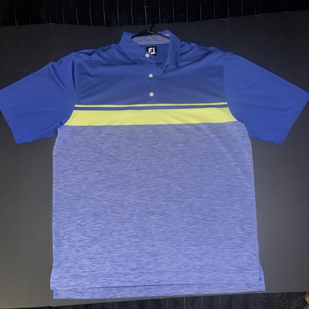 Men's XL FootJoy Blue with Yellow Stripe Performance Golf Polo Shirt Logo